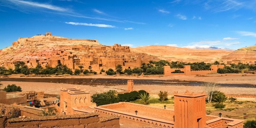 Ancient city of Ait Benhaddou in Morocco Panorama of the ancient moroccan kasbah Ait Benhaddou, near Ouarzazate, Morocco - Unesco world heritage.